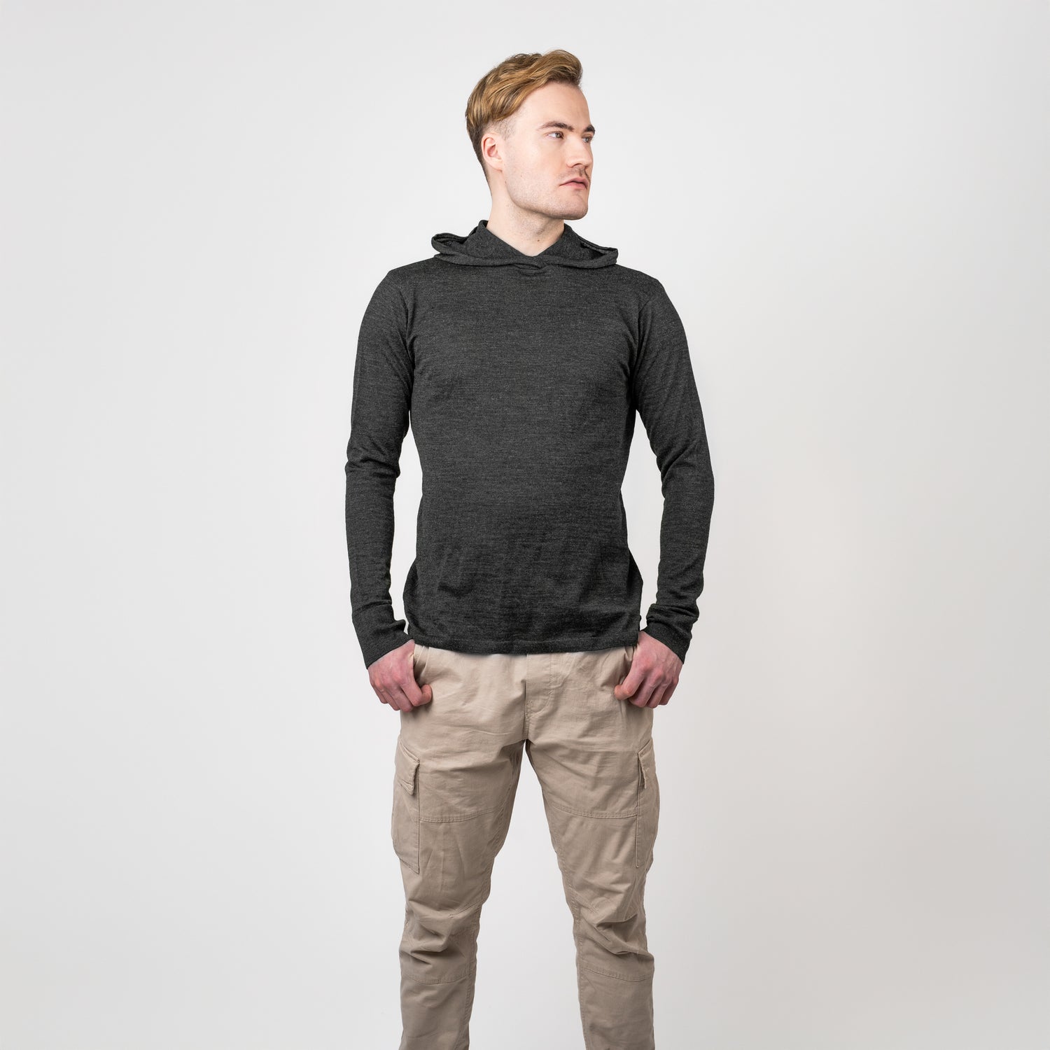 Vaeltaja100 alpacawool hoodie  man standing