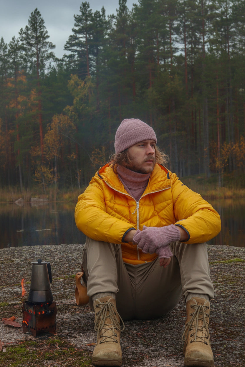 alpakanvilla_pulu_kynsikas_miehellä_taustalla_metsälampi