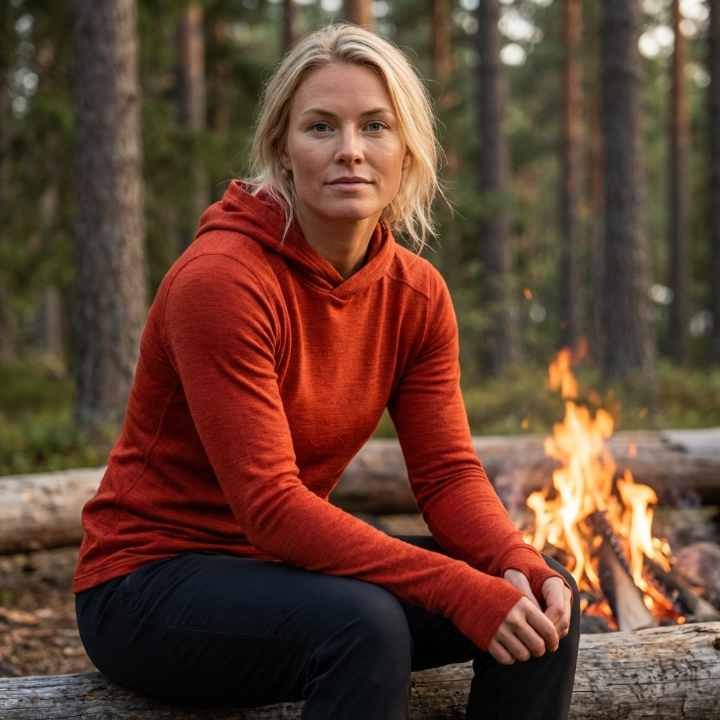 Woman in an orange hoodie sitting by a campfire in a forest