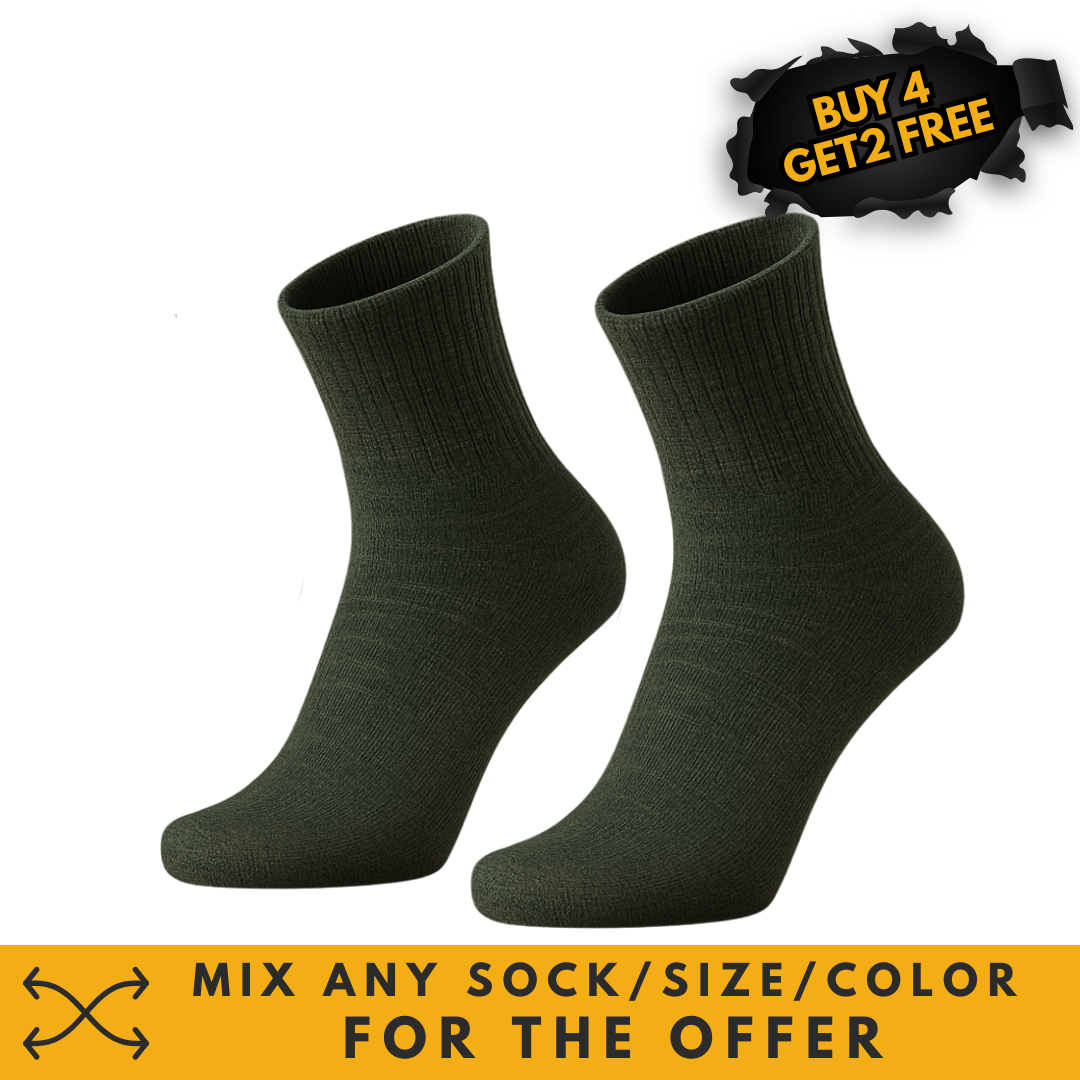 Multi 59 forest green socks on a black background with a sale offer on top and a sale element on bottom.